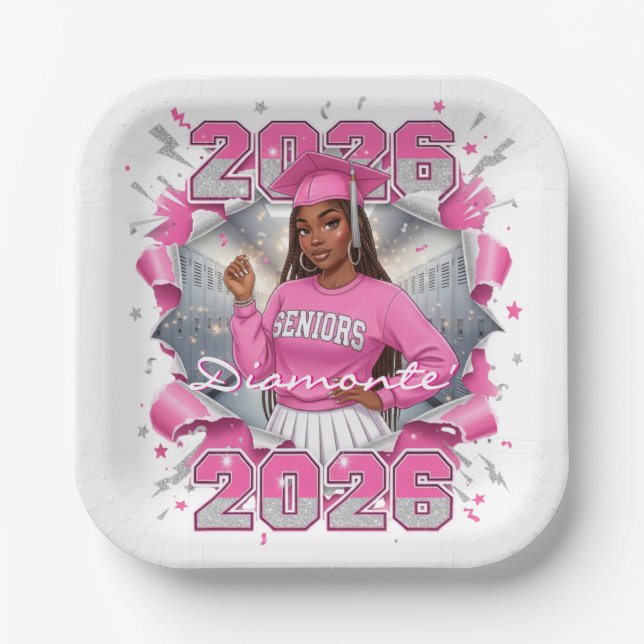 Pink & Silver Class of 2026 Senior Graduation Paper Plates (Front)