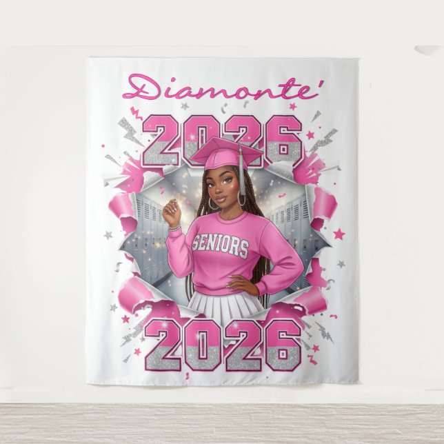 Pink & Silver Class of 2026 Senior Graduation Tapestry (Front)