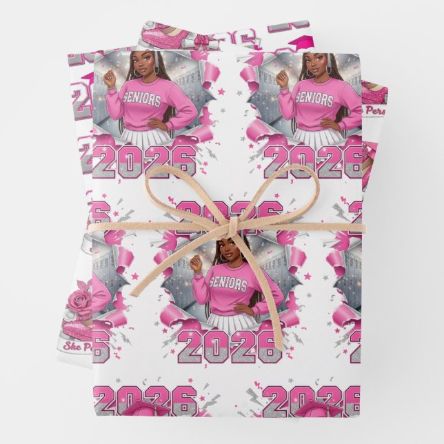 Pink & Silver Class of 2026 Senior Graduation Wrapping Paper Sheets (In situ)