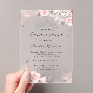 Pink Silver Clear Acrylic Floral Quinceanera  Invitations