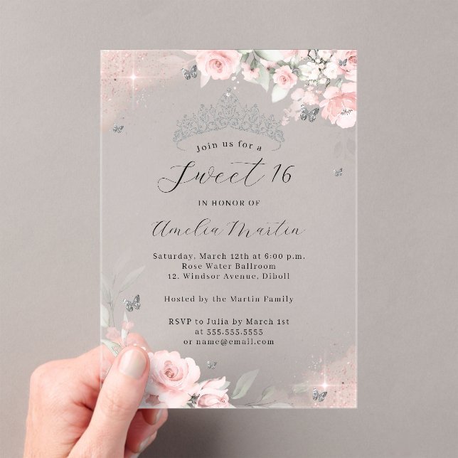 Pink Silver Clear Acrylic Floral Sweet 16  Invitations (Insitu (Handheld))
