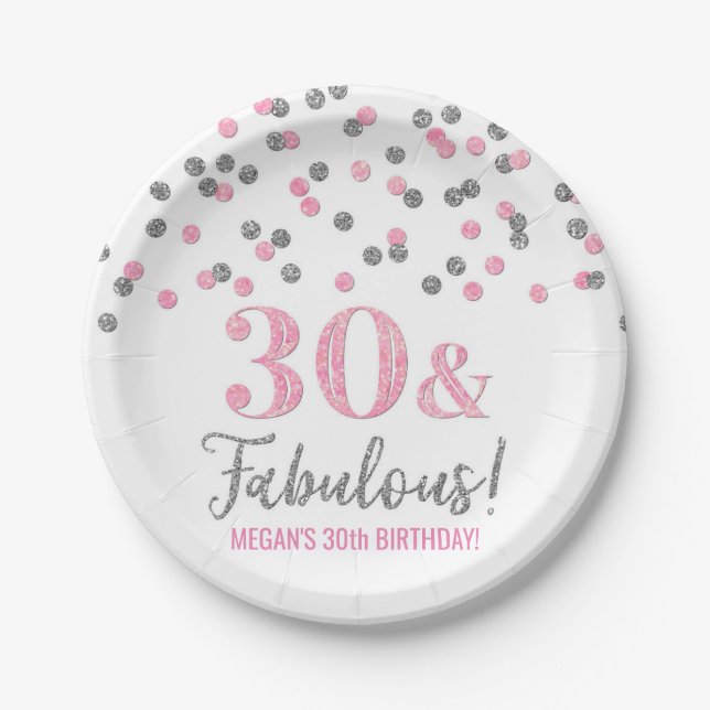 Pink Silver Confetti 30 and Fabulous Paper Plates (Front)