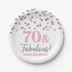 Pink Silver Confetti 70 and Fabulous Birthday Paper Plates