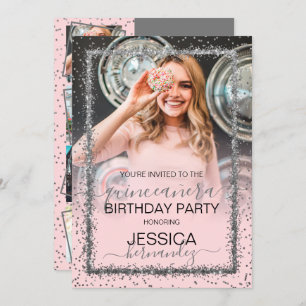 Pink Silver Confetti Border Photo Quinceañera Invitation