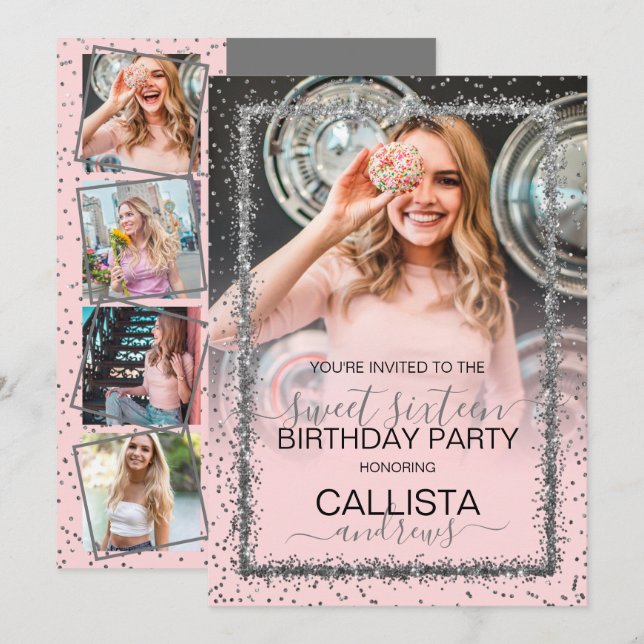 Pink Silver Confetti Border Photo Sweet 16 Invitation (Front/Back)