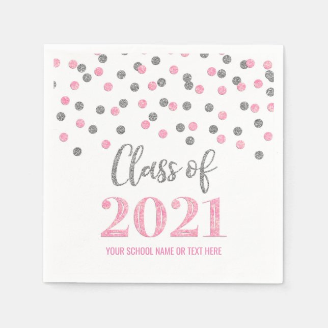 Pink Silver Confetti Class of 2021 Graduation Napkins (Front)