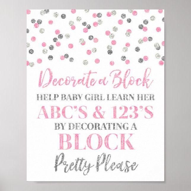 Pink Silver Confetti Decorate a Block Game Sign (Front)