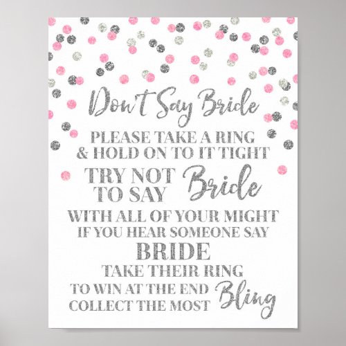Pink Silver Confetti Dont Say Bride Game Sign