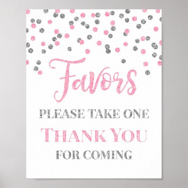 Pink  Silver Confetti Favors Baby Shower Sign (Front)