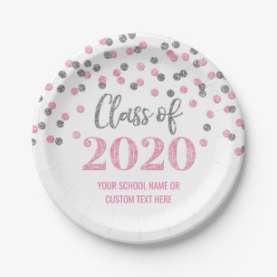 Pink Silver Confetti Graduation 2020 Paper Plates