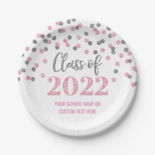 Pink Silver Confetti Graduation 2022 Paper Plates