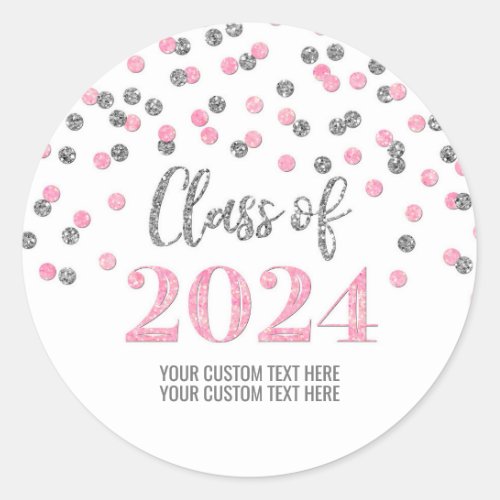 Pink Silver Confetti Graduation 2024 Classic Round Sticker
