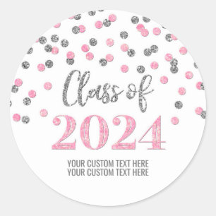 Pink Silver Confetti Graduation 2024 Classic Round Sticker