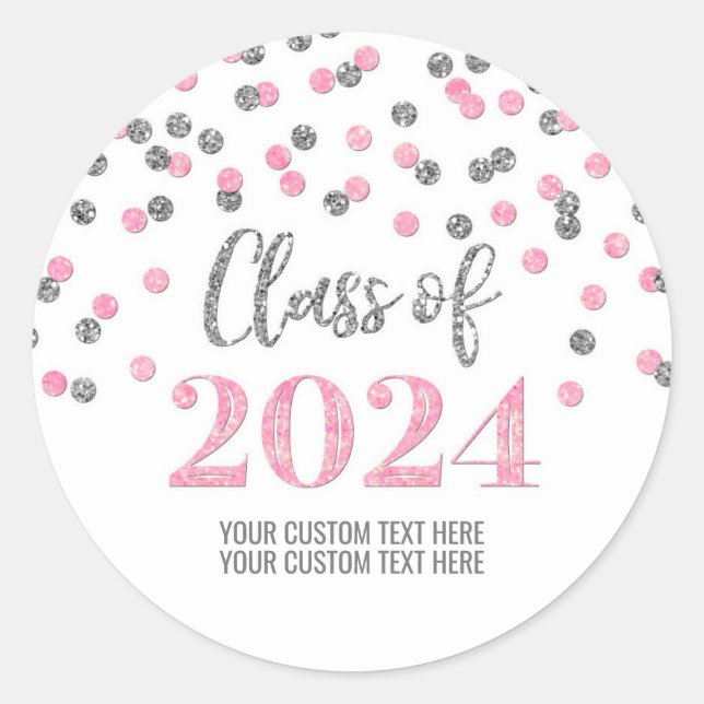 Pink Silver Confetti Graduation 2024 Classic Round Sticker (Front)