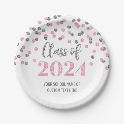 Pink Silver Confetti Graduation 2024 Paper Plates