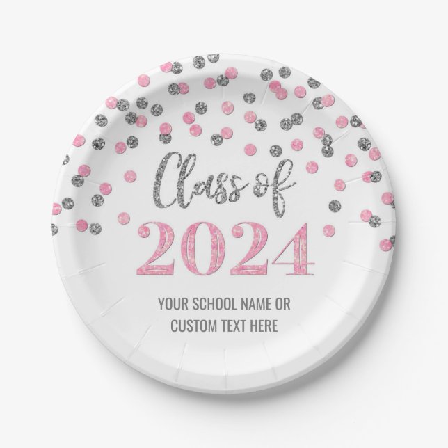 Pink Silver Confetti Graduation 2024 Paper Plates (Front)