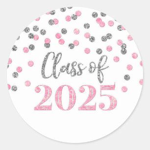 Pink Silver Confetti Graduation 2025 Classic Round Sticker