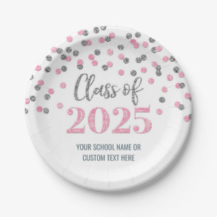 Pink Silver Confetti Graduation 2025 Paper Plates