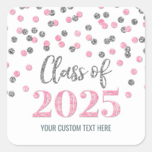 Pink Silver Confetti Graduation 2025 Square Sticker