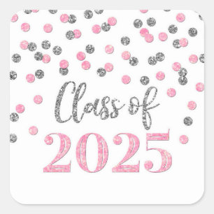 Pink Silver Confetti Graduation 2025 Square Sticker