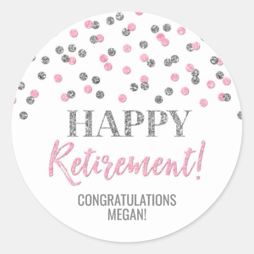 Pink Silver Confetti Happy Retirement Classic Round Sticker