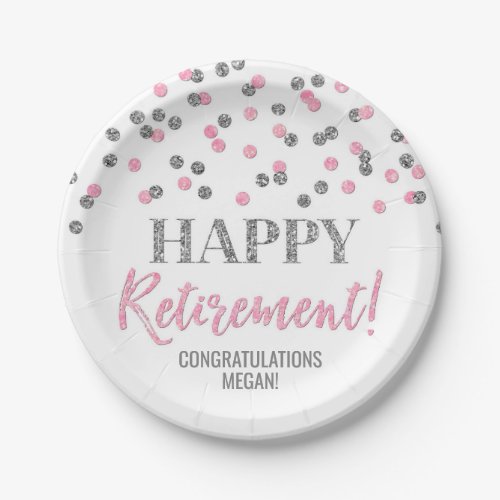 Pink Silver Confetti Happy Retirement Paper Plates