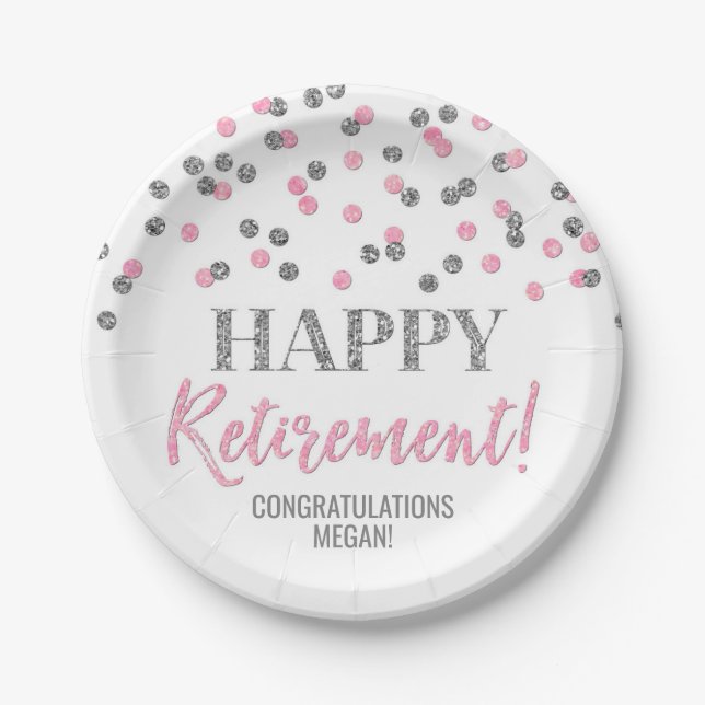 Pink Silver Confetti Happy Retirement Paper Plates (Front)