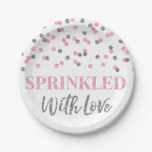 Pink Silver Confetti Sprinkled with Love Paper Plates