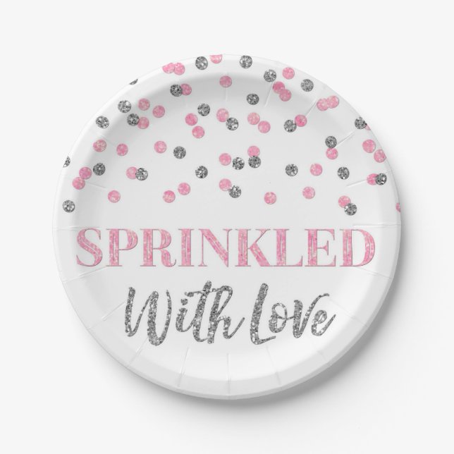 Pink Silver Confetti Sprinkled with Love Paper Plates (Front)