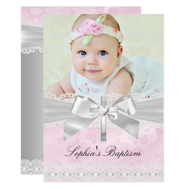 Pink Silver Cross Lace Bow Photo Baptism Card