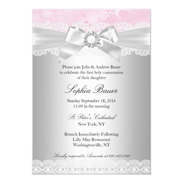 Pink Silver Cross Lace Bow Photo Baptism Card