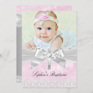 Pink Silver Cross Lace Bow Photo Baptism Invitation