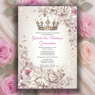 Pink Silver Crown Floral Quinceañera Invitation