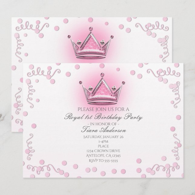 Pink & Silver Crown Party Confetti Invitation (Front/Back)