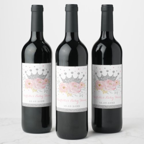 Pink Silver Crown Princess Floral Baby Girl Favors Wine Label