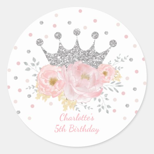 Pink Silver Crown Princess Floral Birthday Girl Classic Round Sticker