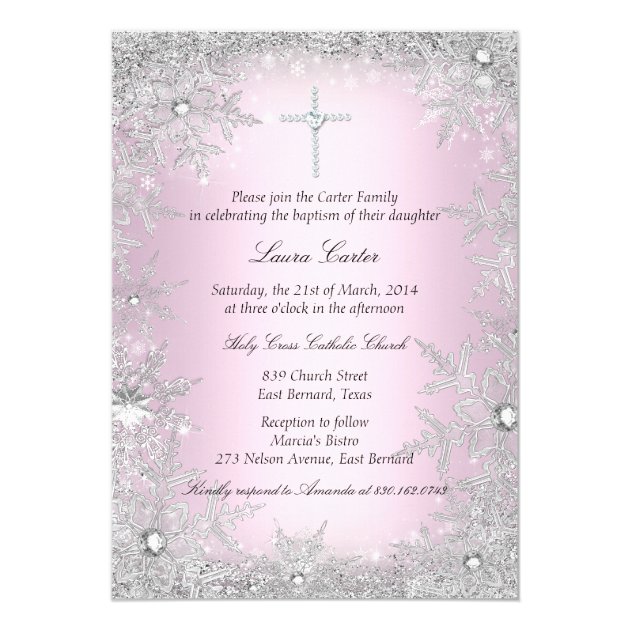 Pink Silver Crystal Snowflake Baptism/Christening Invitation