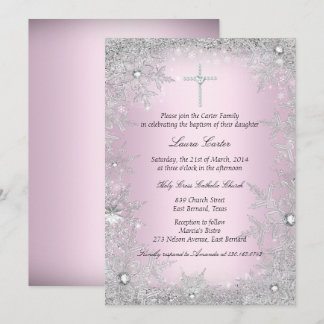 Pink Silver Crystal Snowflake Baptism/Christening Invitation