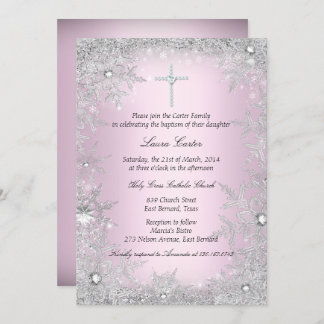 Pink Silver Crystal Snowflake Baptism/Christening Invitation