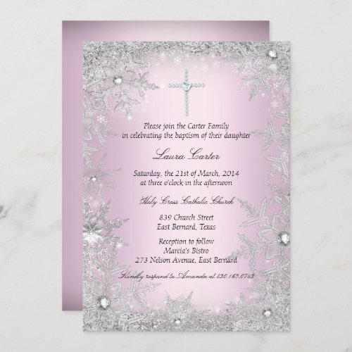 Pink Silver Crystal Snowflake BaptismChristening Invitation