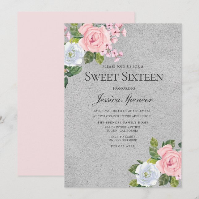 Pink & Silver Cute Roses Sweet 16 Invite (Front/Back)