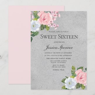 Pink & Silver Cute Roses Sweet 16 Invite
