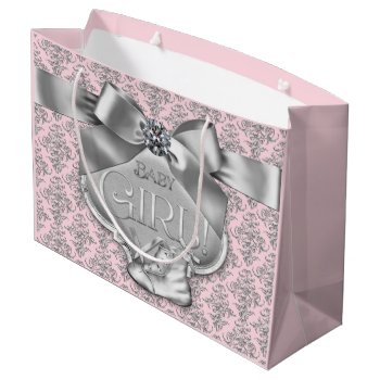 Pink Silver Damask Baby Girl Large Gift Bag by The_Vintage_Boutique at Zazzle
