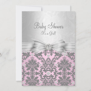 Pink & Silver Damask Baby Shower Invitation