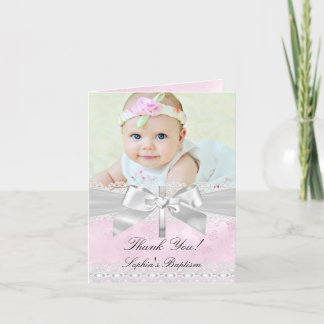 Pink Silver Damask Bow Baptism Thank You Card