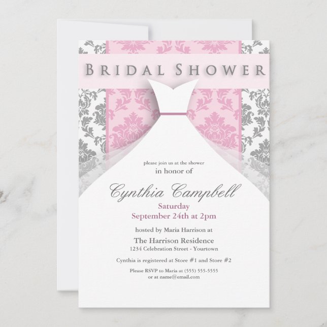 Pink/Silver Damask Bridal Shower Invitations (Front)