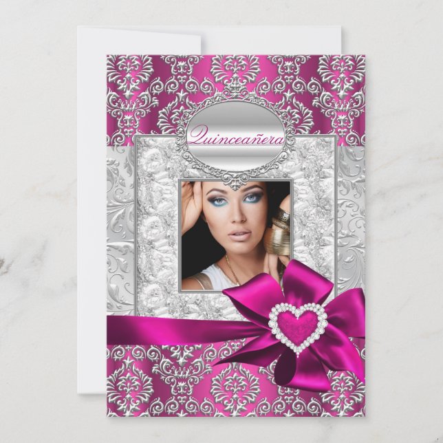 Pink & Silver Damask Quinceanera Announcements (Front)