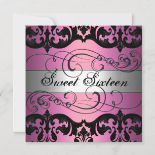 Pink & Silver Damask Sweet 16 Birthday Invitation