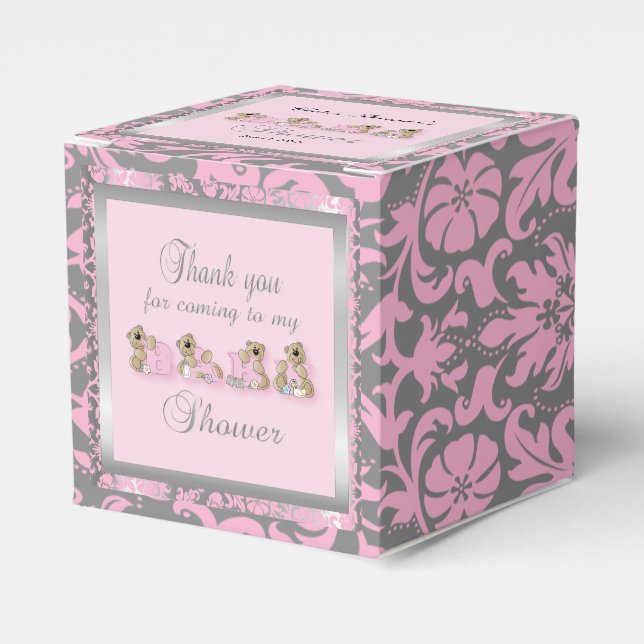 Pink & Silver Damask Teddy Bears | Baby Shower Favor Boxes (Front Side)
