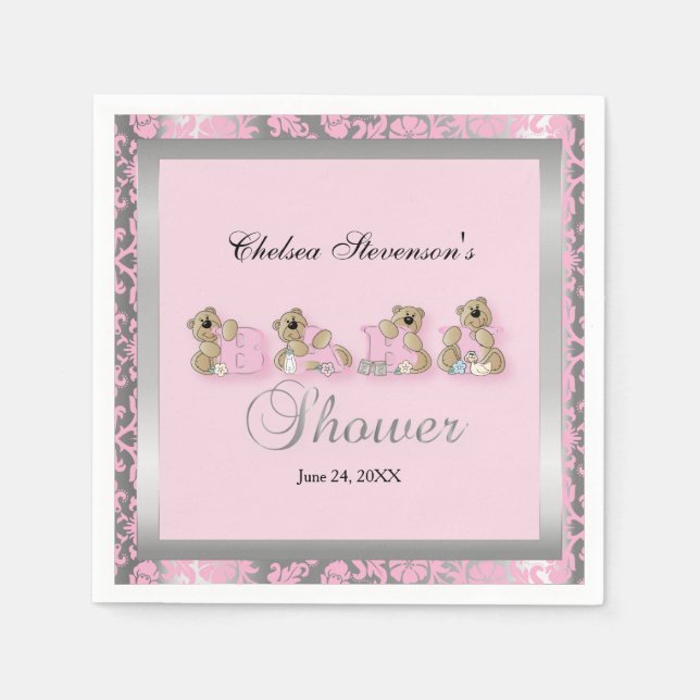 Pink & Silver Damask Teddy Bears | Baby Shower Napkins (Front)